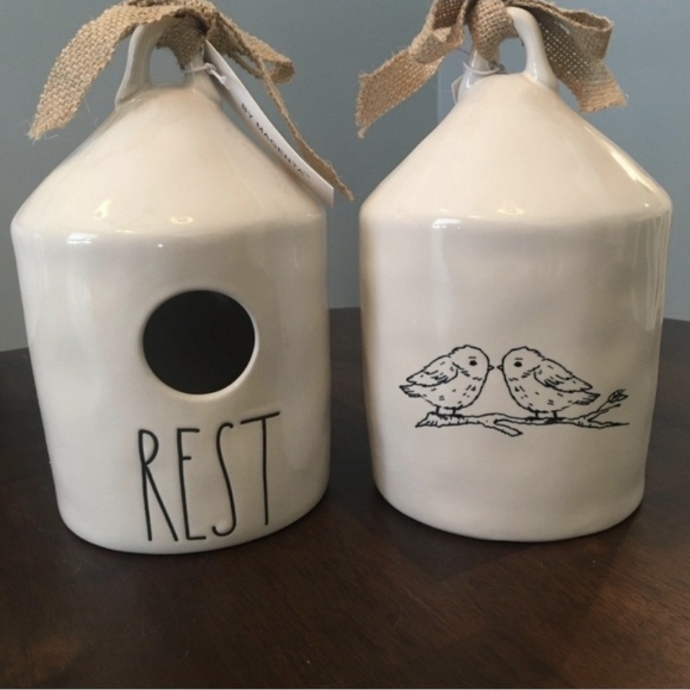 Cream Ceramic Birdhouses with Burlap Bows